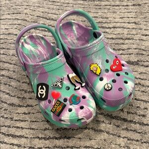 CROCS Purple and Green Platform Clogs with Fun Patches